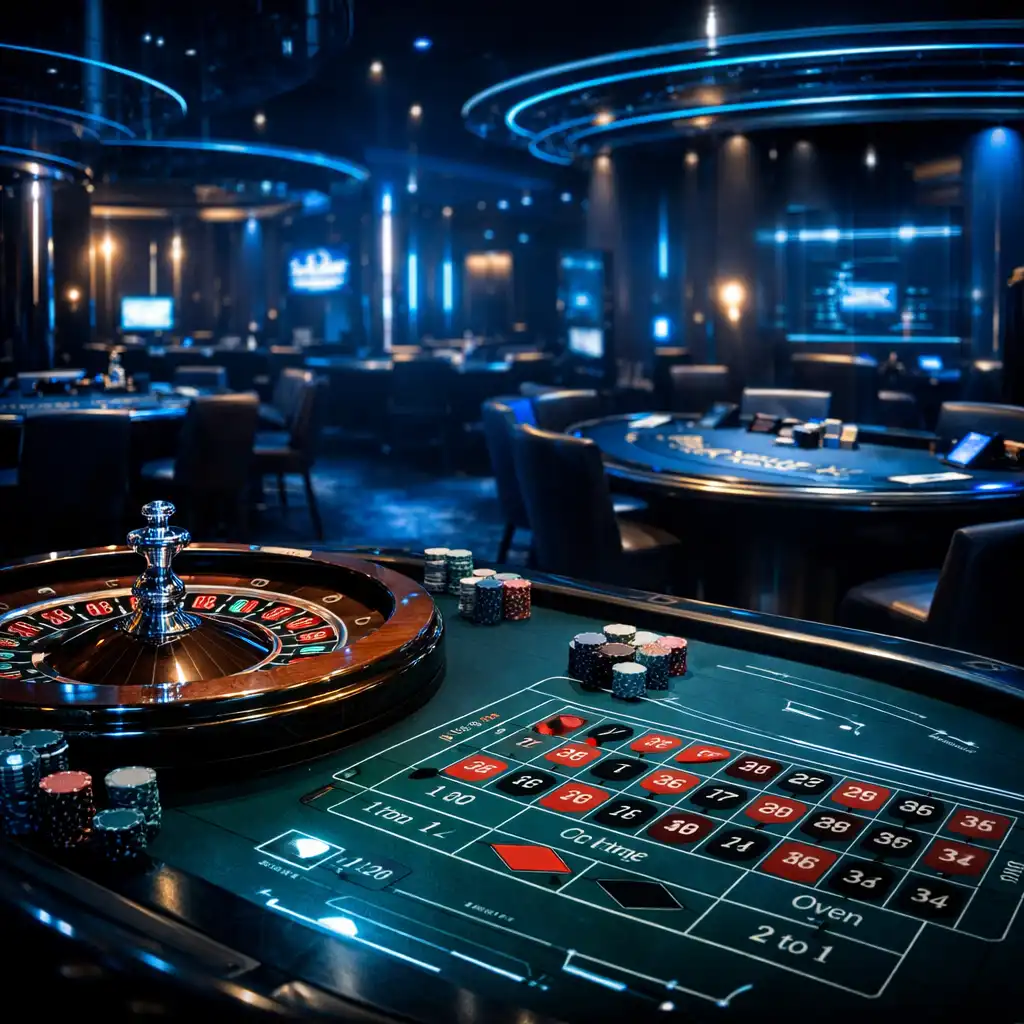A kaszinó-lounge belső tere fizikai rulett és blackjack asztalokkal, elegáns, sötét tónusú környezetben