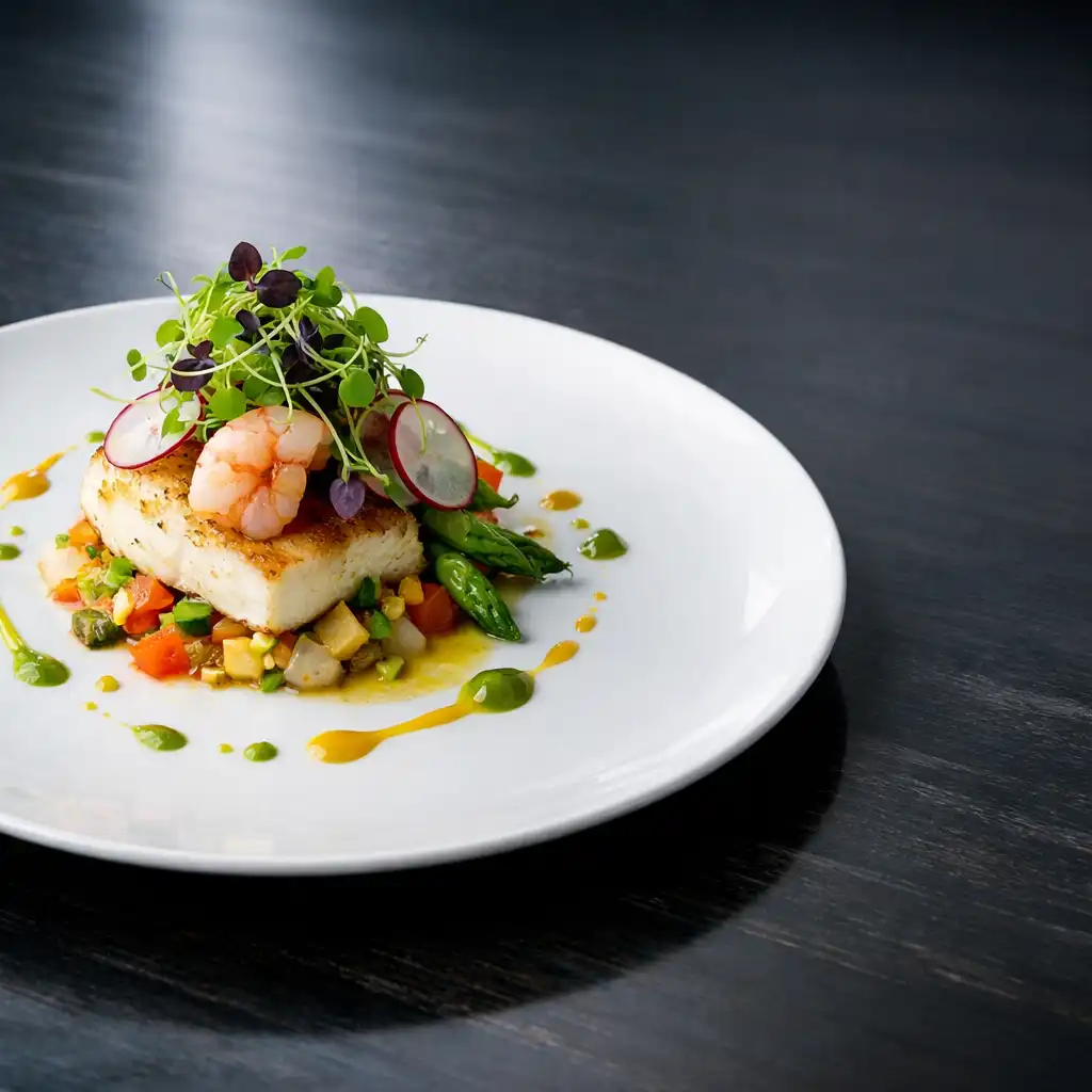 Gourmet fogás mikrozöldekkel és mártással