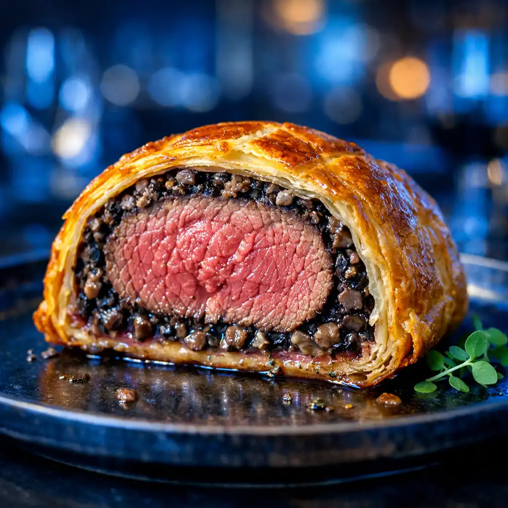 Marha Wellington leveles tésztában, gombás duxelles-szel