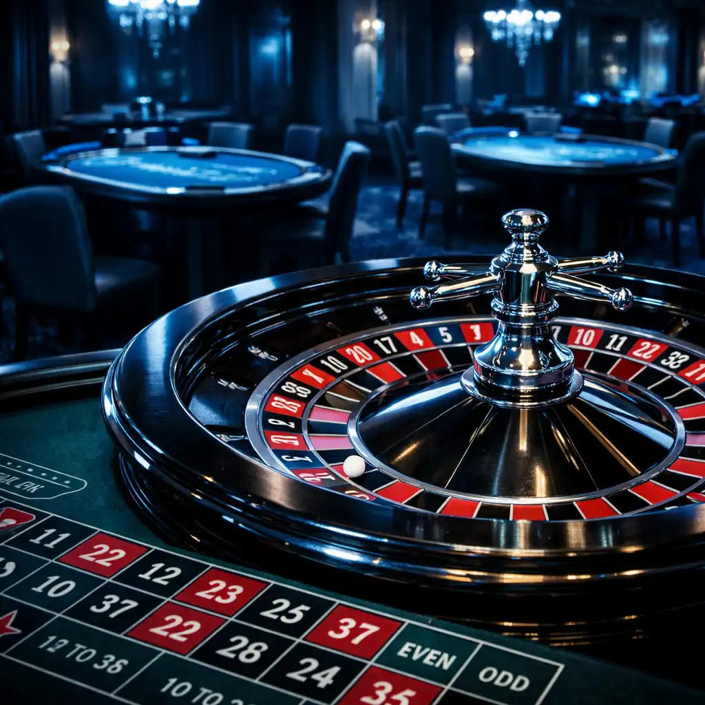 Rulett asztal elegáns kaszinó környezetben, a kerék és a tétmező látható, háttérben blackjack asztalok
