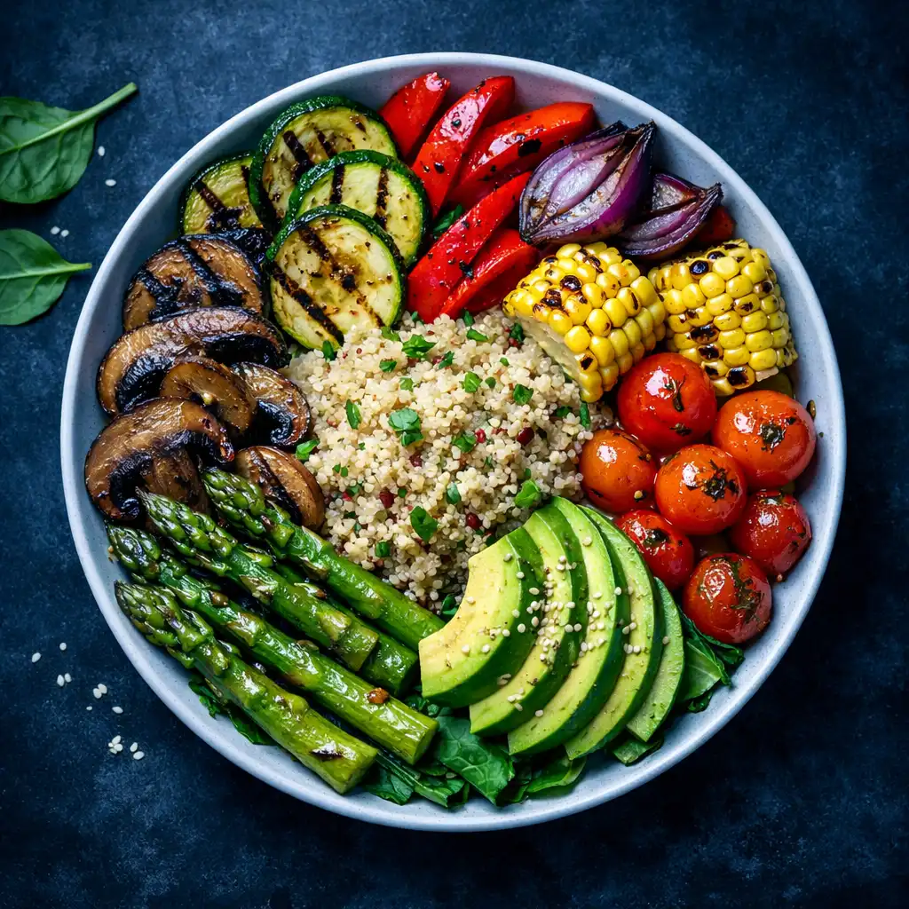 Grillezett zöldségtál quinoa-val, színes friss alapanyagokból